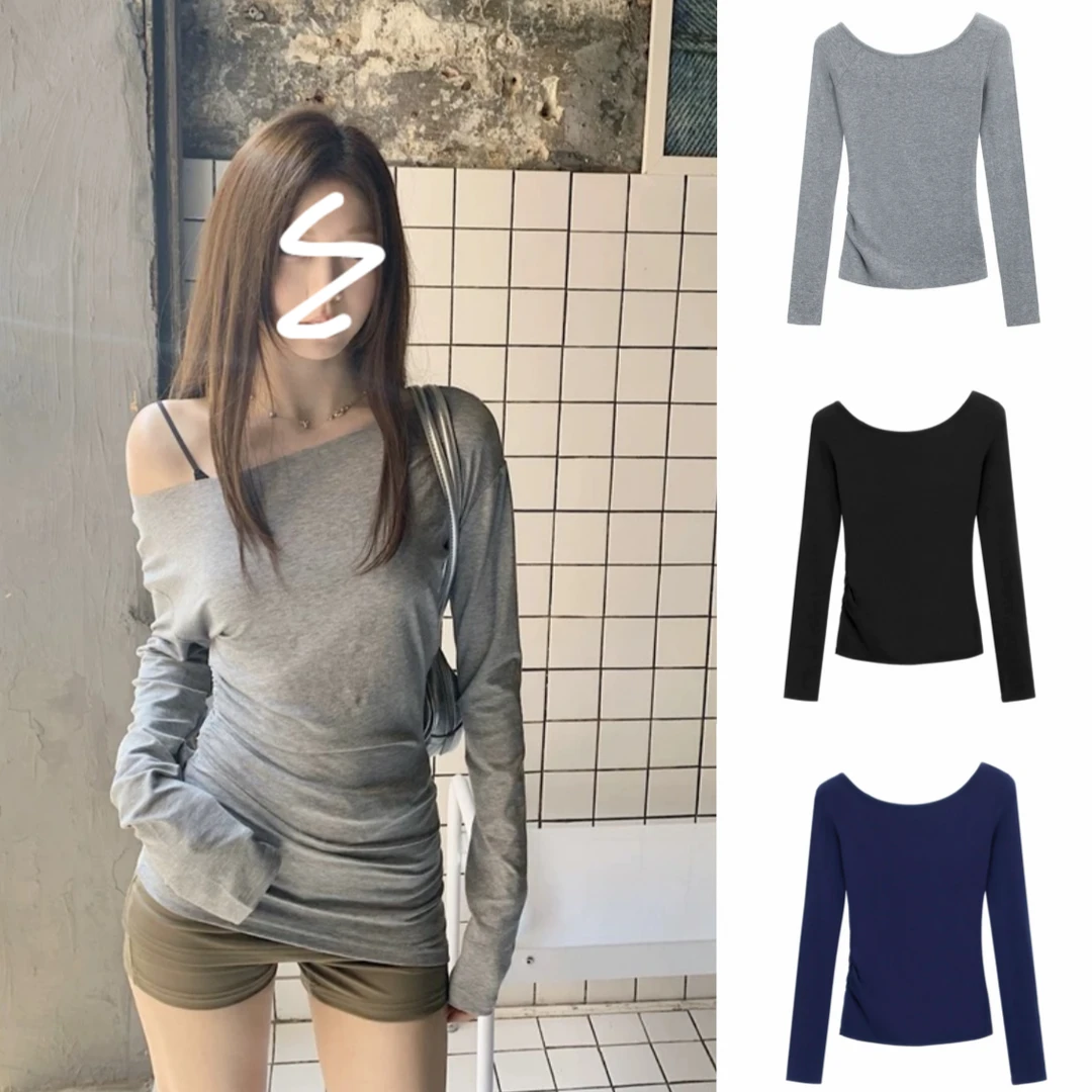 XIAO SISTERS/筱姐妹一字肩辣妹风斜肩T恤ins修身收腰褶皱打底衫