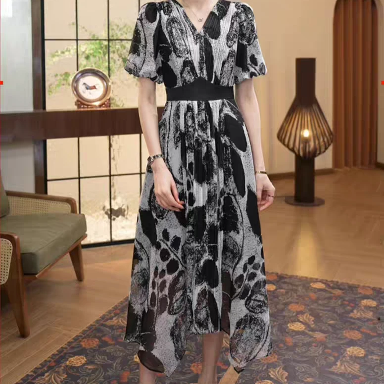 E9259【新款】v领水墨画高端轻奢端庄大气连衣裙高级感显瘦3D