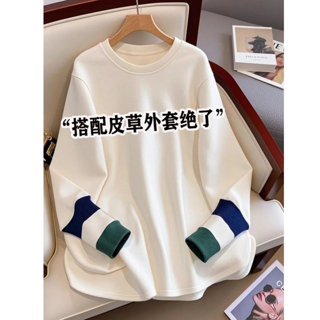 欧货白色内搭打底女新春秋冬宽松圆领棉质加绒长袖t恤上衣遮屁股