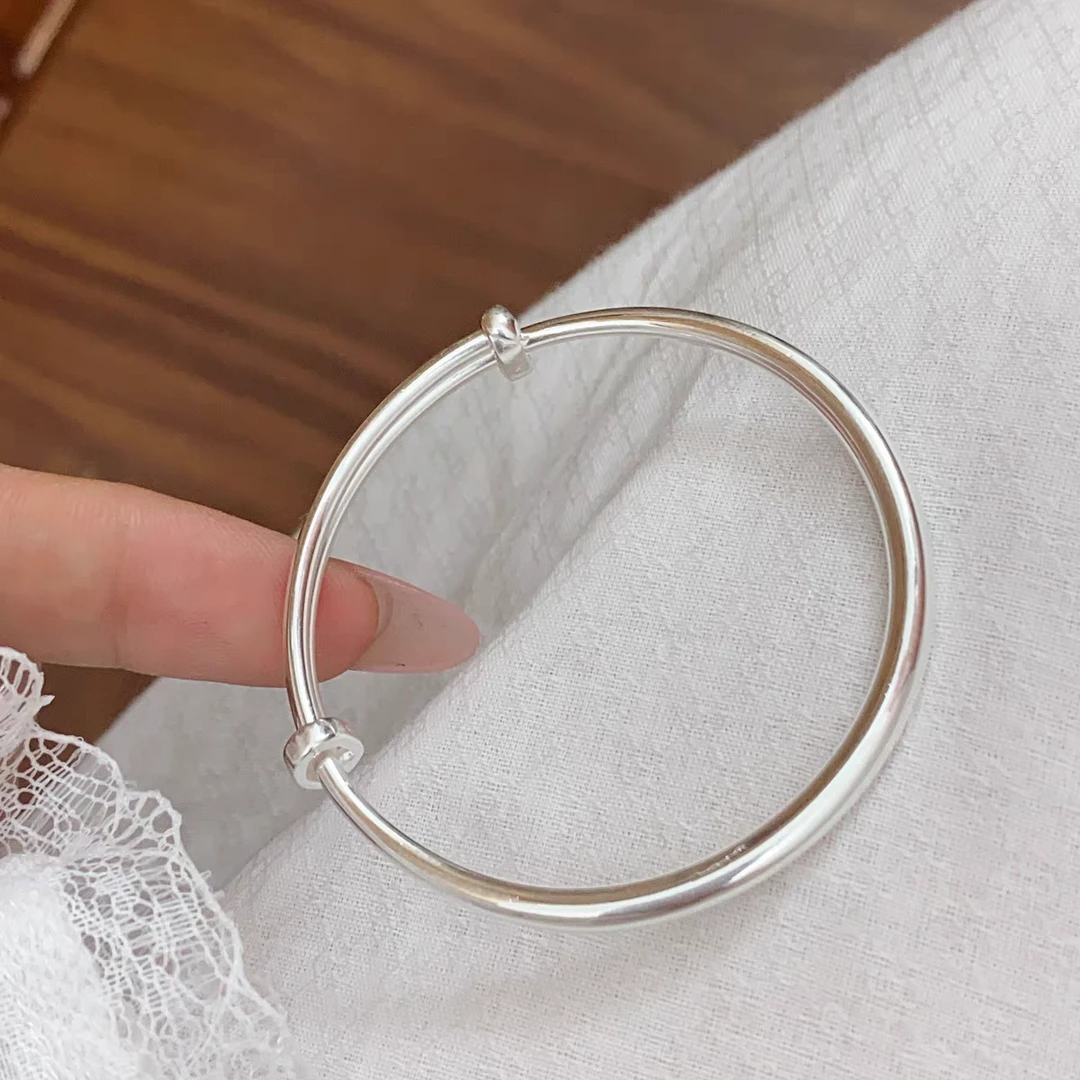 足银手镯 栖凰 经典圆肚光圈推拉镯女士 足银999.9素圈手镯 20.4g