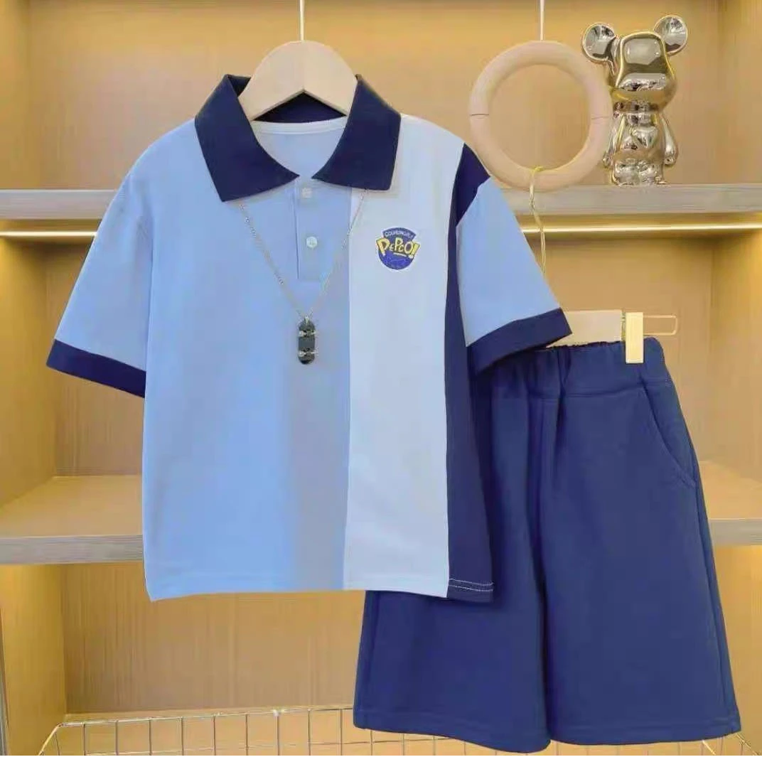 24027高端专享老林家夏款儿童短袖套装蓝色