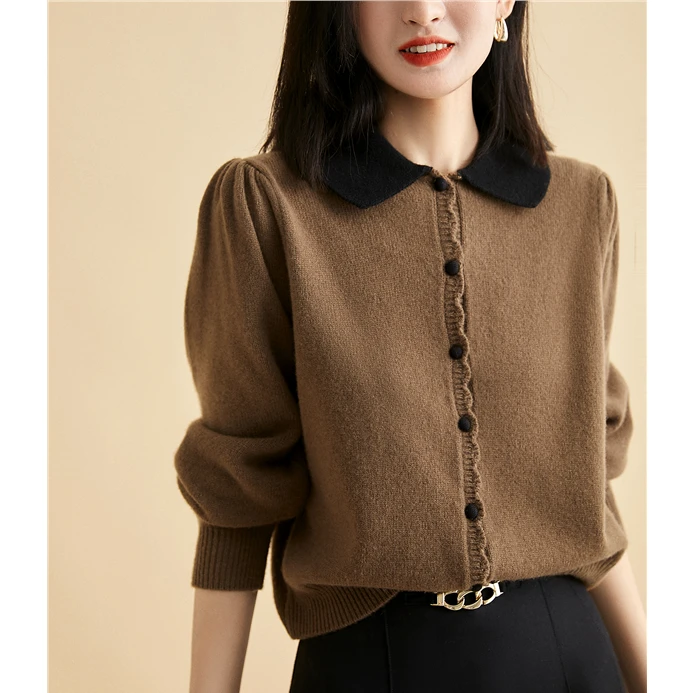 职业阿玛诗官哥家专柜2025秋冬新款翻领休闲羊毛针织开衫复古毛衣