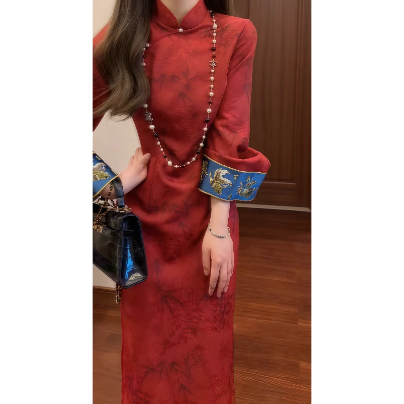 新中式国风复古竹叶提花红色改良旗袍连衣裙敬酒服礼服长裙9748