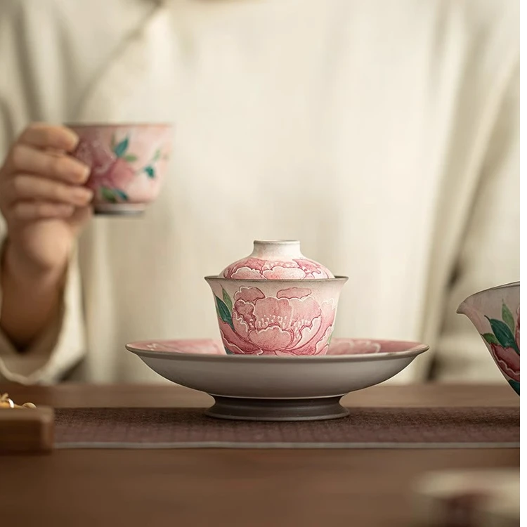 老岩泥富贵牡丹三才盖碗家用陶瓷泡茶碗高档会客泡茶器功夫茶具