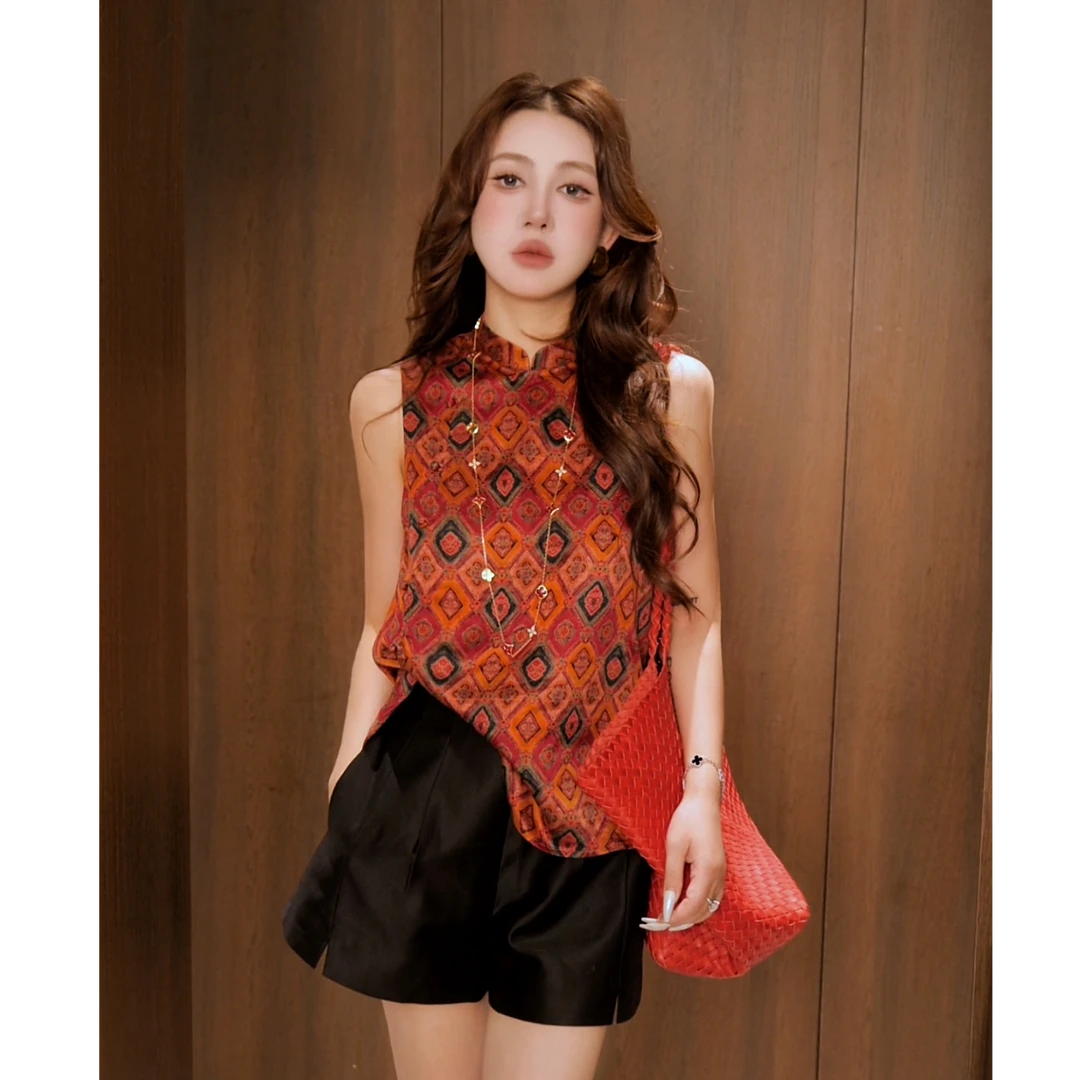 G. yantong/郭彦彤定制轻中式无袖上衣提花方块中式夏季DDL91