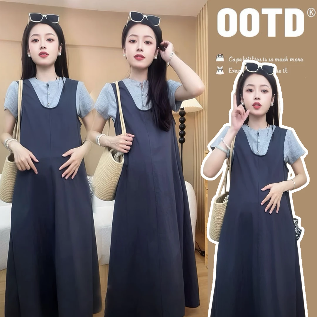 【颜若兮】2025夏季新款简约灰色上衣+背带裙两件套大码休闲套装