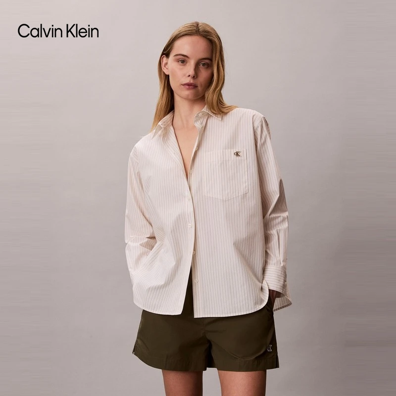 CK Jeans26春夏新款女士复古休闲通勤字母绣标纯棉条纹长袖衬衫