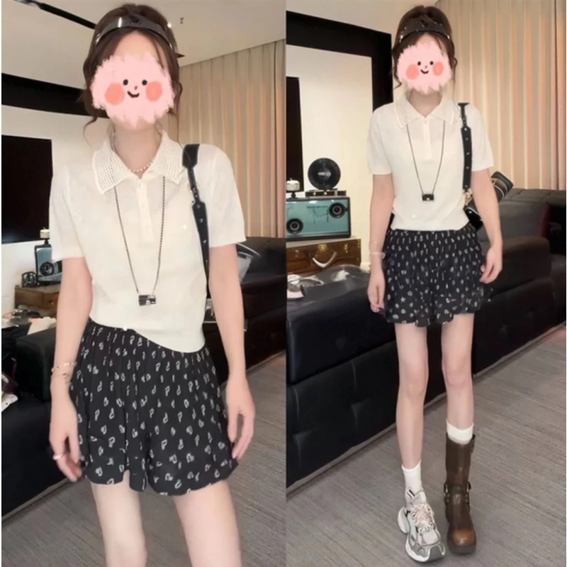 2025夏季时尚韩版POLO领设计感针织T恤上衣百搭碎花半身裙套装女