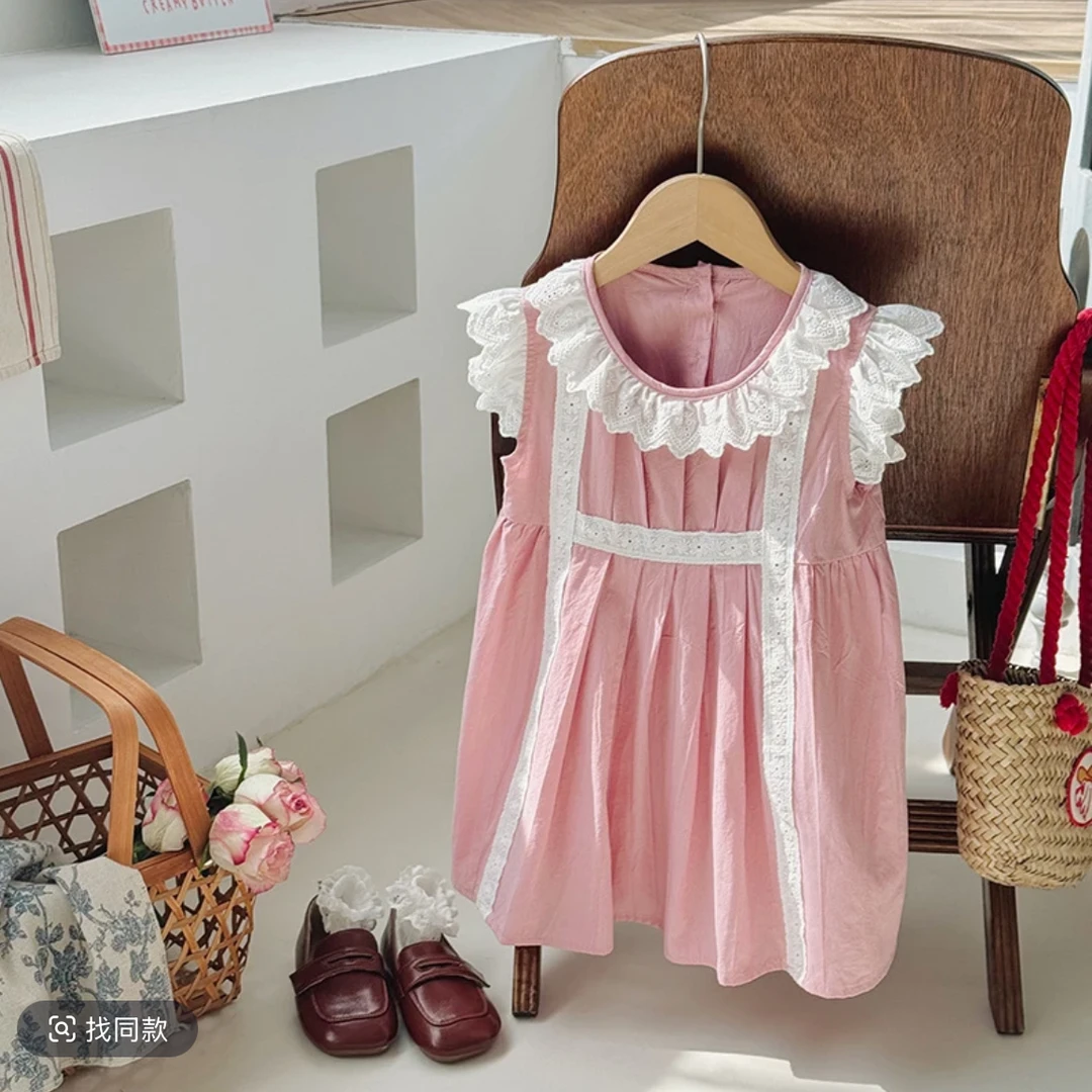 金棉时代小众童装蕾丝荷叶领百褶女童连衣裙2025夏新款飞袖花边甜