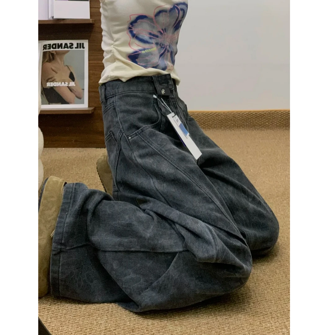 黑灰色加绒加厚牛仔裤阔腿宽松工装裤女款冬季大码胖mm美式弯刀裤