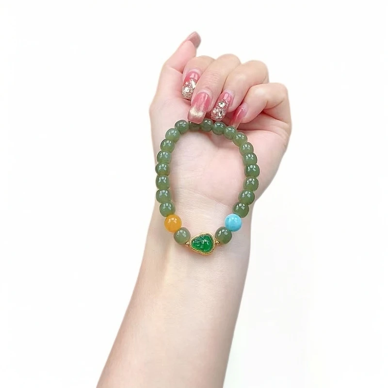 天然和田玉老型珠手串8mm搭配跑18K金佛公 多样性发1