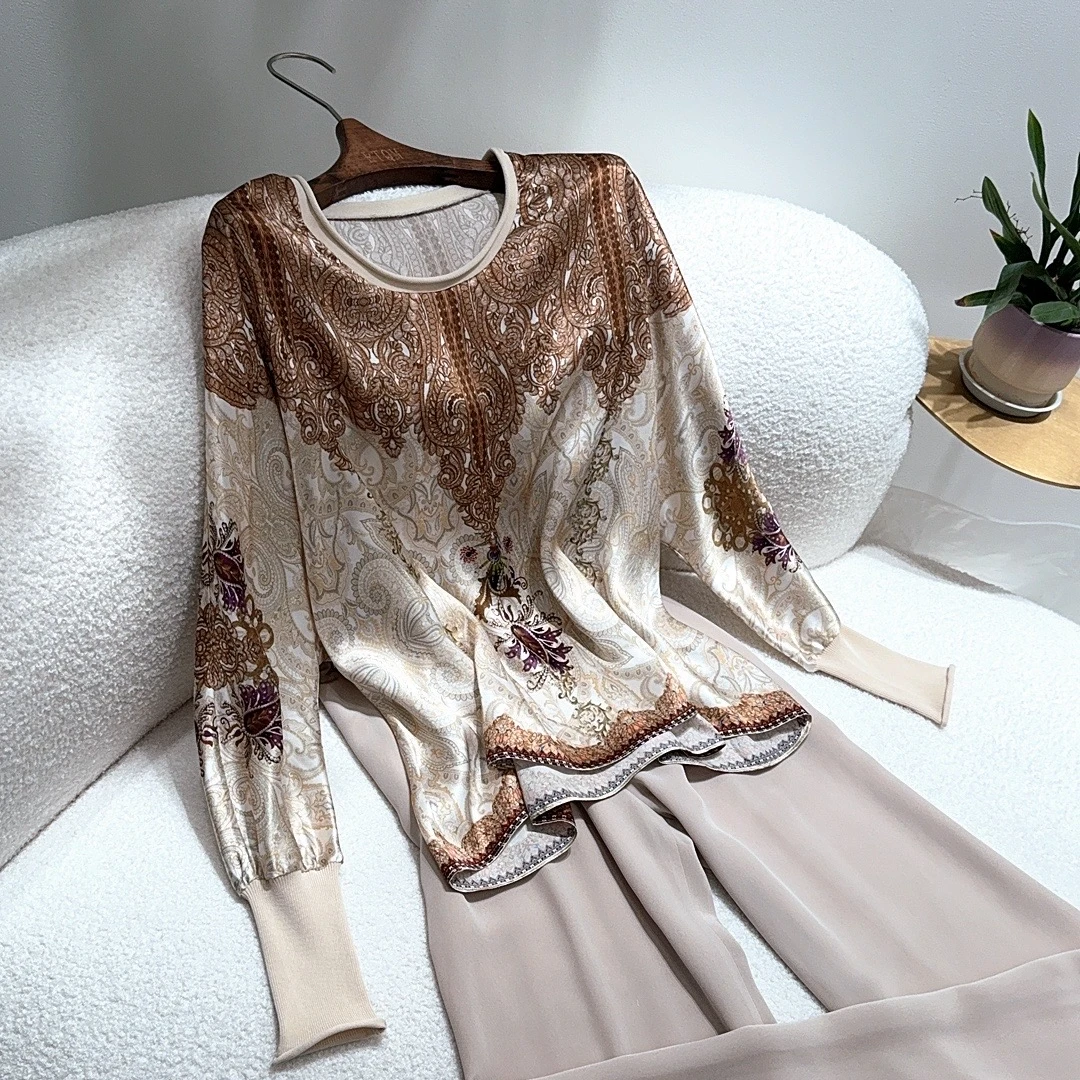 清清清【25266】缎面定位印花真丝衬衫女春季新款长袖桑蚕丝上衣