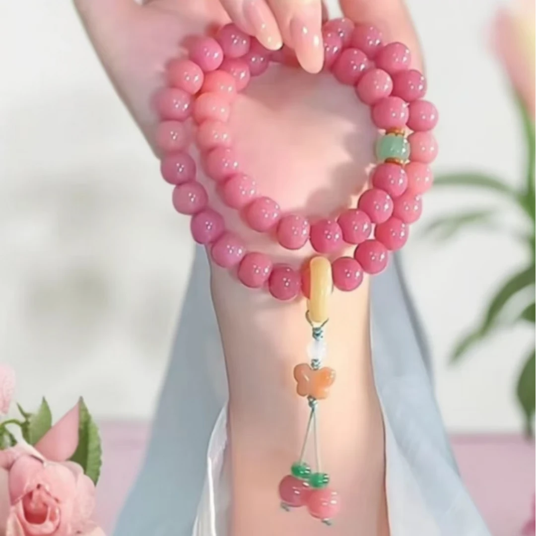 蜜桃四季春菩提手串双圈手持念珠国风红菩提根珠串女百搭盘玩珠串