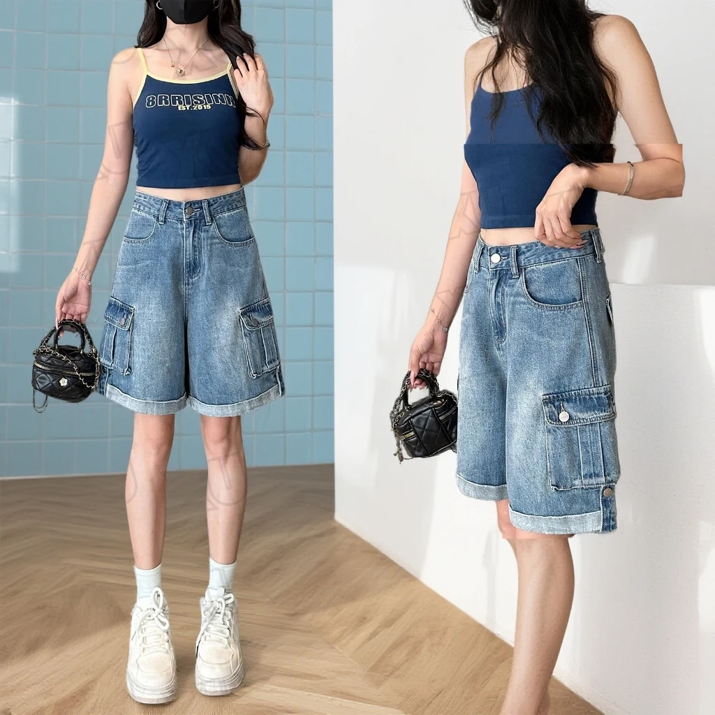 【送腰带】 美式复古工装牛仔裤女夏季薄款新款显瘦翻边四分短裤子