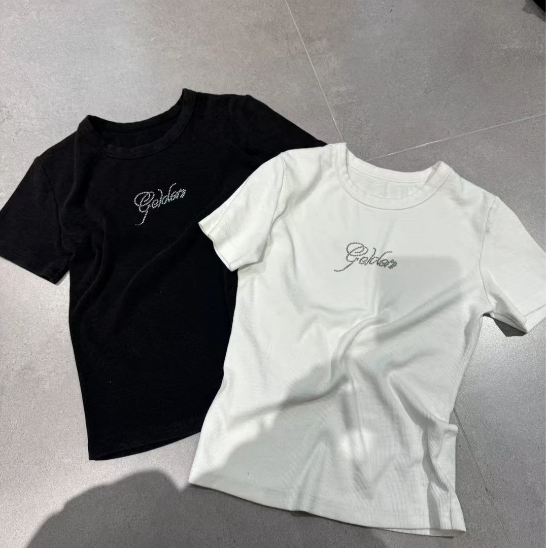 【王小小392】短款修身春夏休闲贴钻舒适圆领短袖纯棉百搭T恤