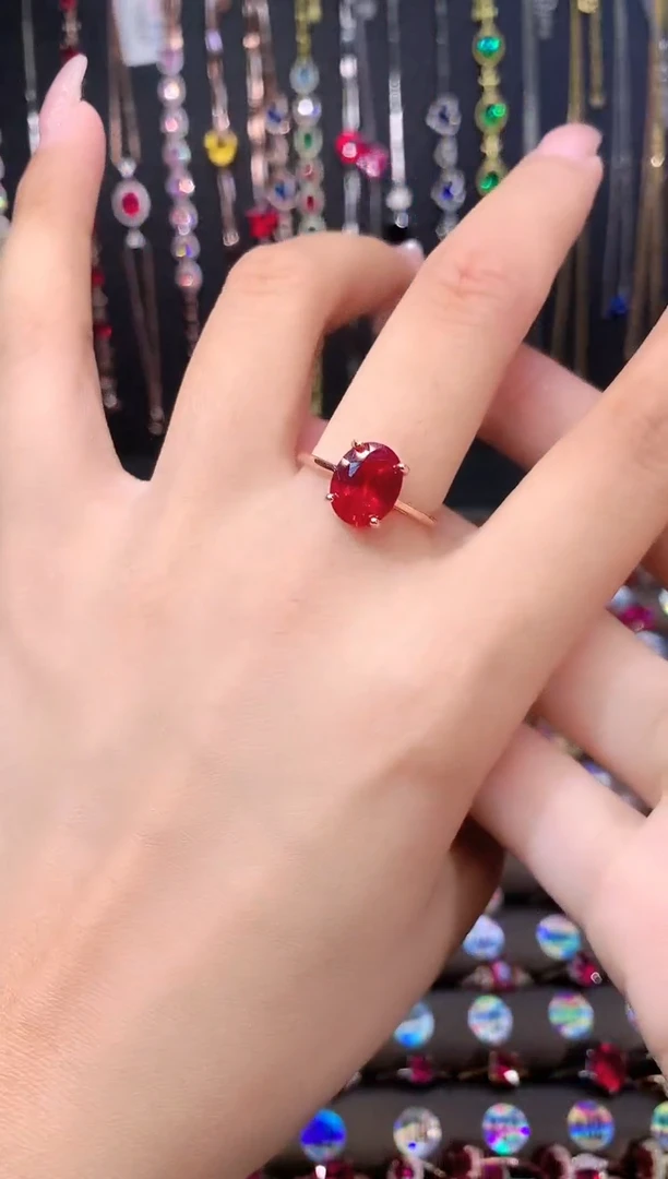 红宝石戒指银S925镶嵌玫瑰金酒红