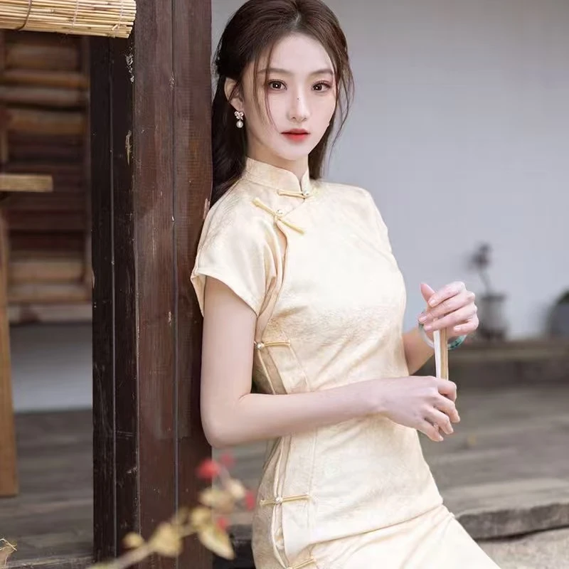 【风清余】2025春款新出炉醋酸纤竹绒气质古法全开襟日常中长款旗袍