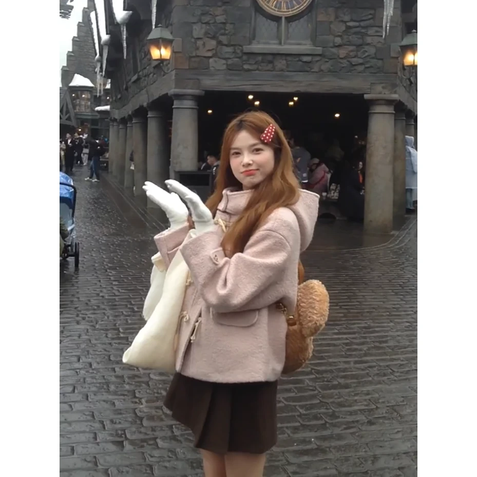 【粉色甜心】韩系浅粉色短款毛呢外套女冬甜美小个子连帽呢子大衣