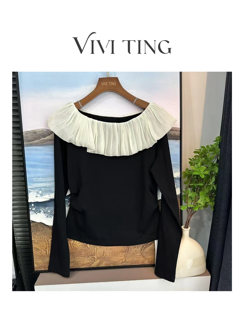 【VIVI·TING】婷姐推荐时尚荷叶边一字肩m字母小标腰褶皱上衣s14
