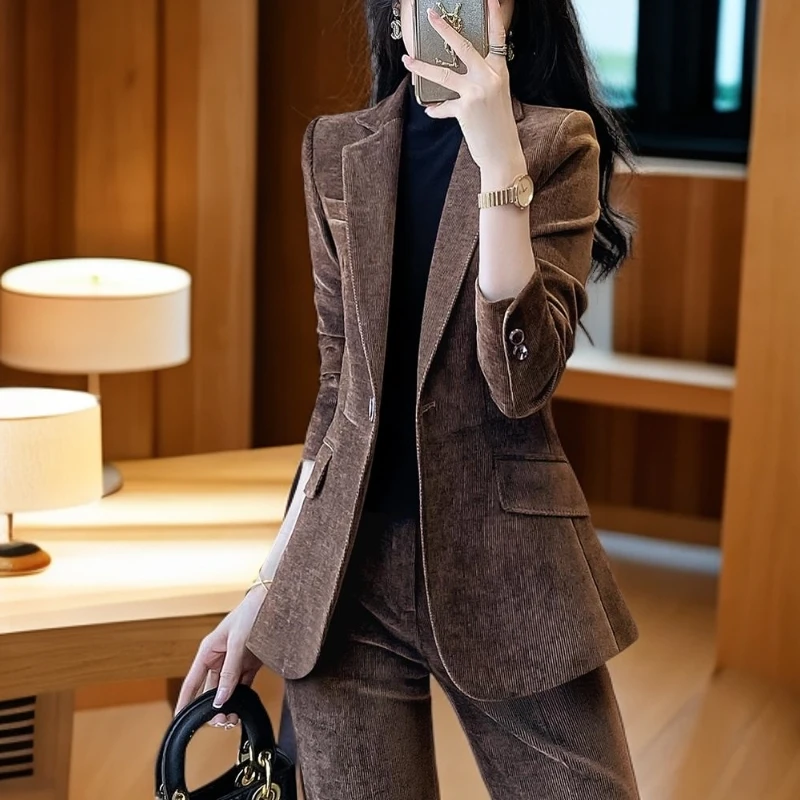 职业洋气女2026秋冬新款咖色灯芯绒加厚西装时尚洋气高级感工作服