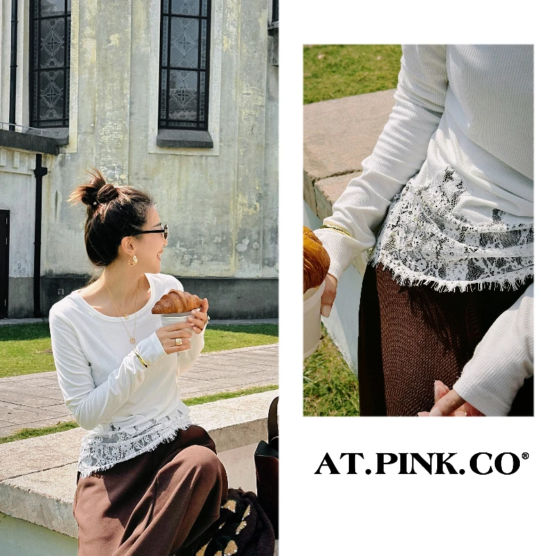 【三三品牌】法式浪漫睫毛蕾丝刺绣下摆长袖T  FT290