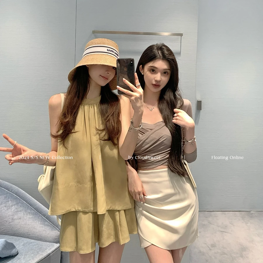 CloudSweet白云甜 天丝亚麻挂脖上衣套装女夏宽松薄款短裤两件套