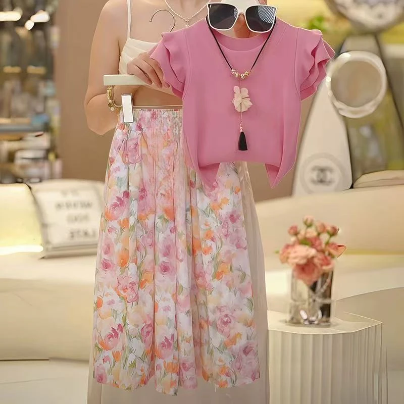 2025夏季新款碎花长裤儿童套装女童新中式飞袖阔腿裤套装韩版时尚