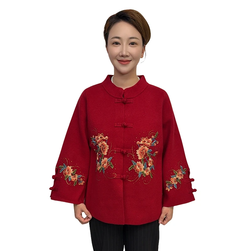 中老年新款女装盘扣外套妈妈秋冬款大红色春秋上衣阔太太婚礼衣服