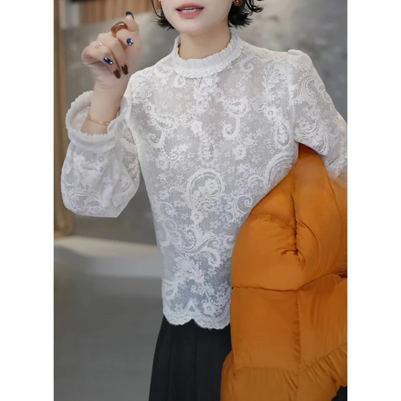时尚花边领镂空钩花蕾丝打底衫女秋冬新款超精致显瘦百搭气质上衣