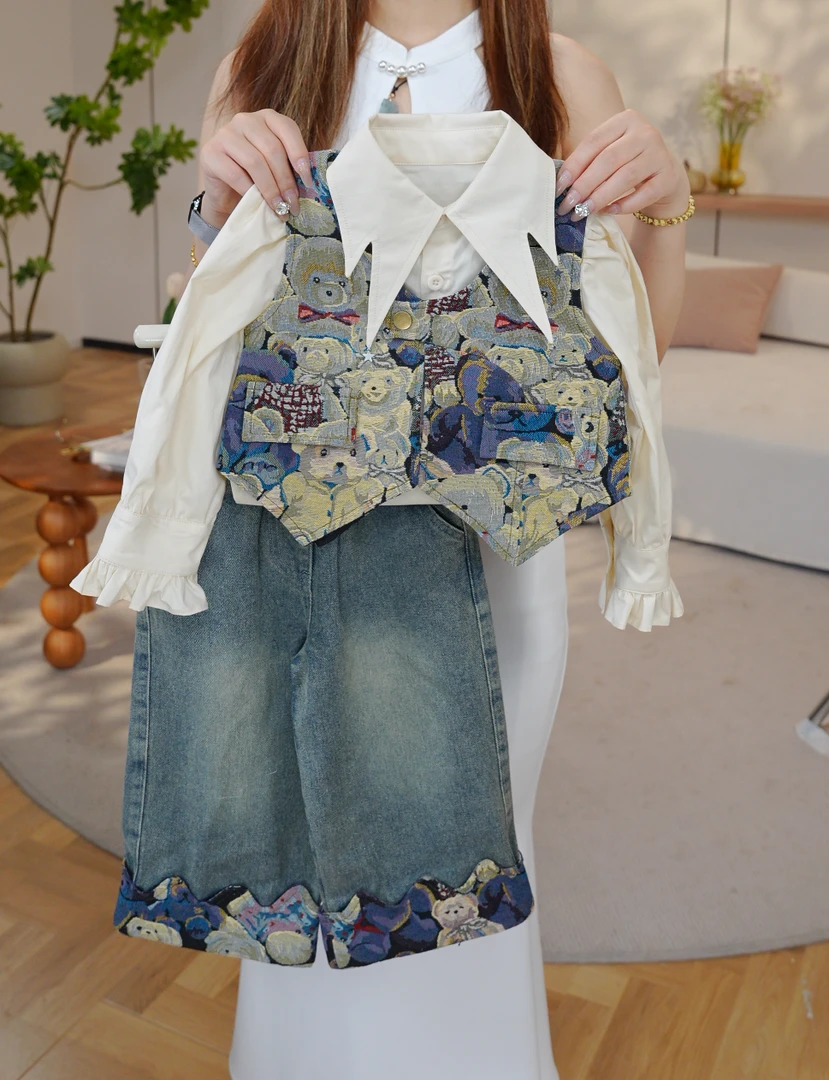 秋季新款洋气女童衬衣牛仔上衣裤子套装QC40396