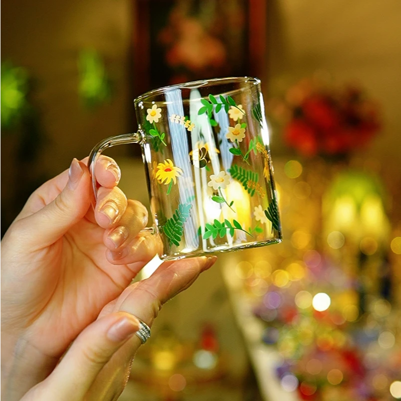 网红创意玻璃茶杯家用简约喝水杯耐热隔热印花玻璃杯咖啡杯