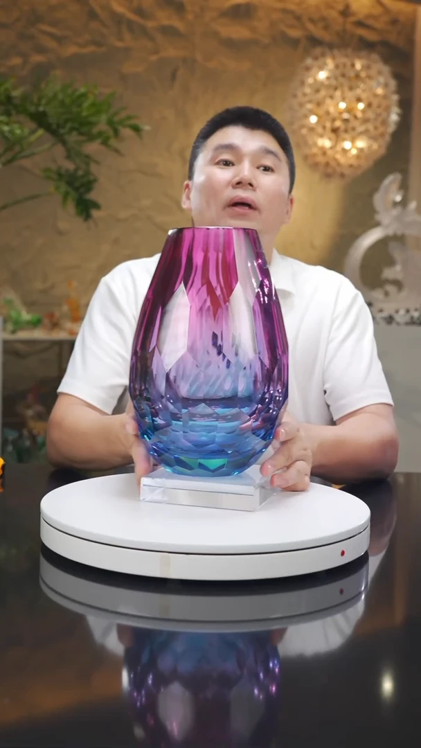 琉璃手工艺品福利金红蓝切面花瓶带底座