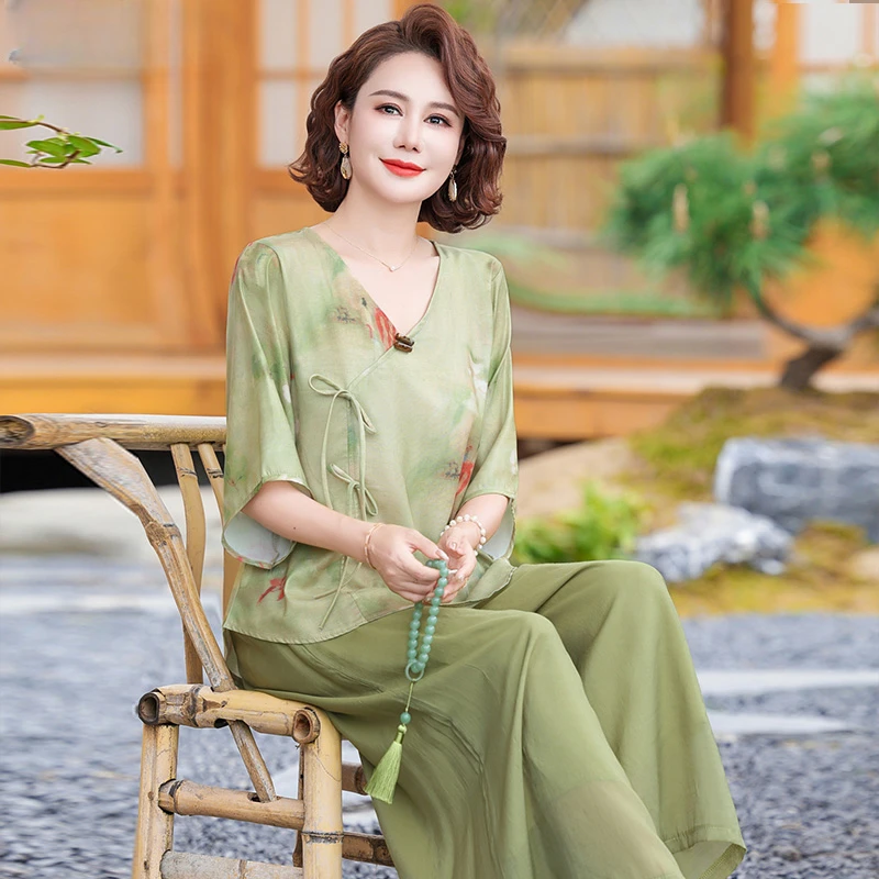 新中式妈妈夏装棉麻套装中老年春夏季民族风七分袖上衣国风衬衫女