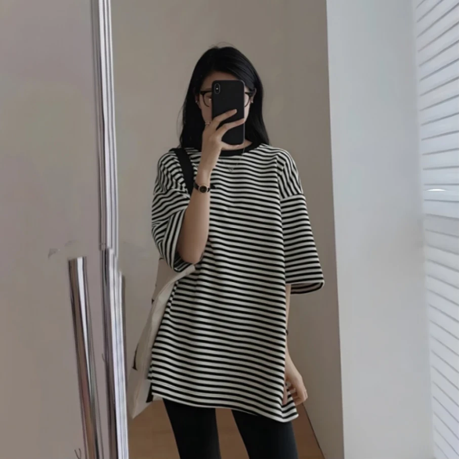 孕妇短袖条纹上衣夏季孕妇大版宽松t恤孕妈半袖孕妇装夏装中长款