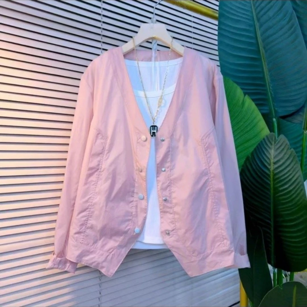 8690欧洲站时尚简约洋气V领拼接薄款防晒外套（衣长58）