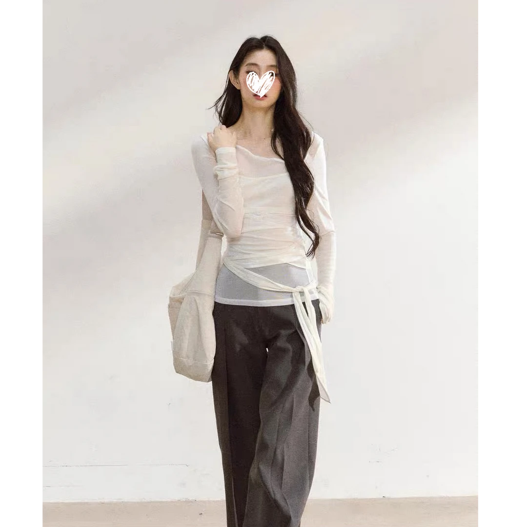 纯欲不规则绑带长袖防晒罩衫T恤女秋季轻熟风甜辣修身上衣D631