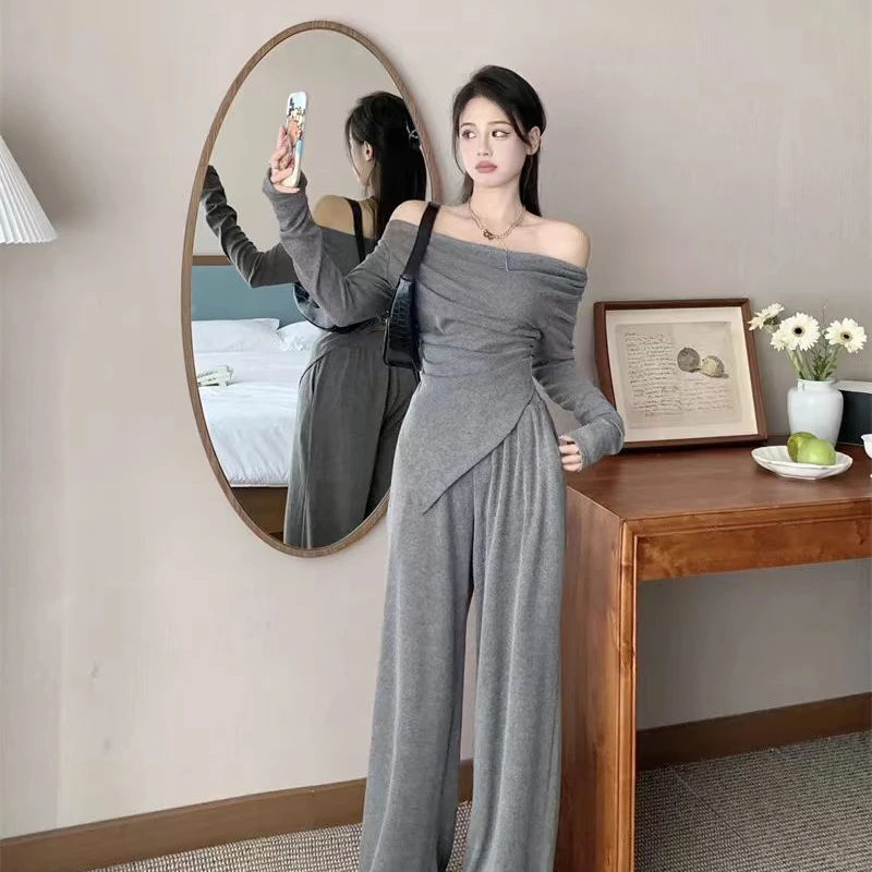 辣妹套装女洋派时尚不规则一字上衣肩休闲阔腿裤两件套装