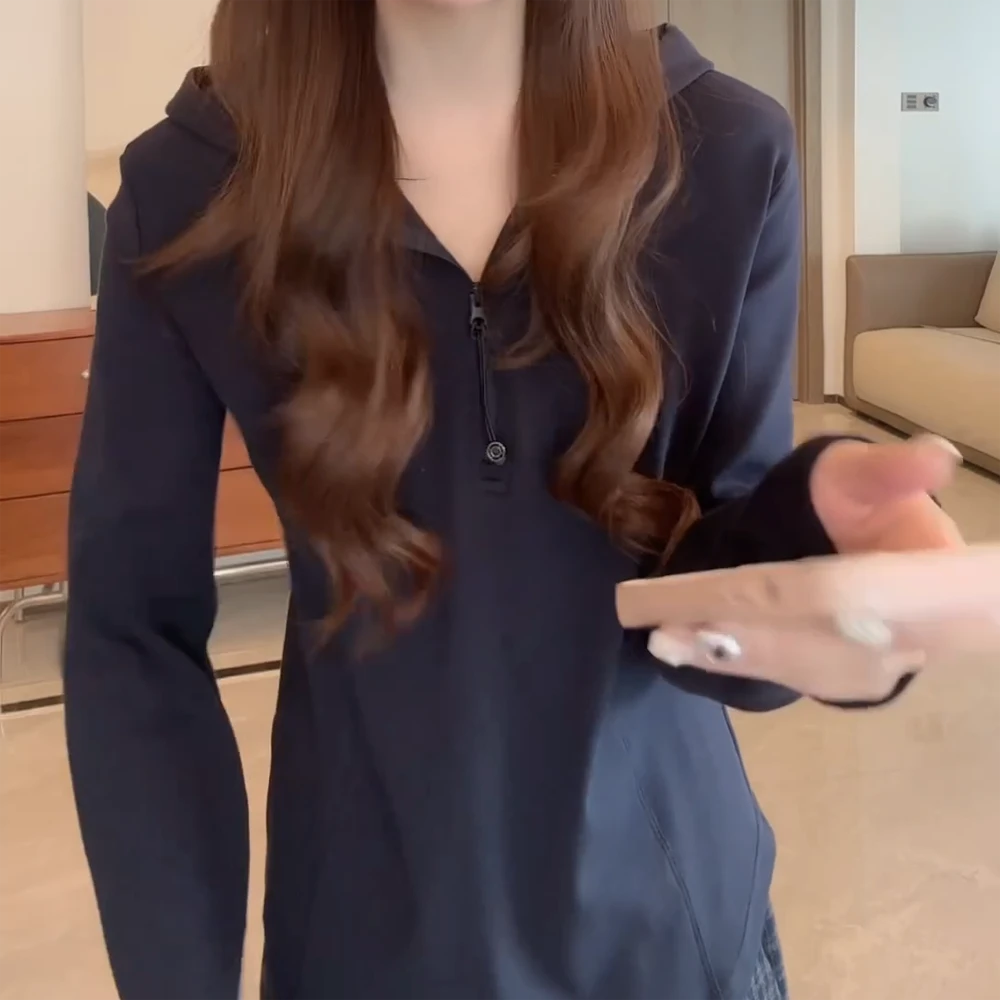 V领常规款长袖修身拉链T恤连帽宽松高领时尚纯色套头C6091