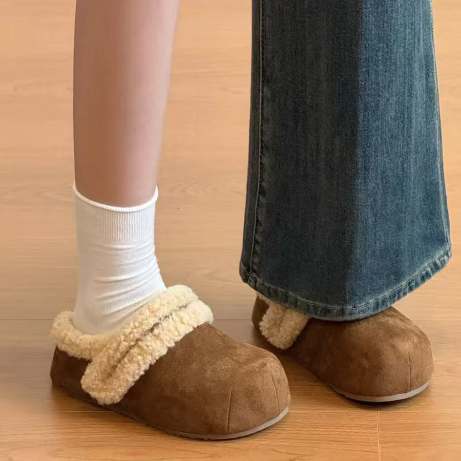 厚底内增高勃肯鞋加绒两穿包头半拖鞋女外穿2025新款秋冬毛毛棉拖
