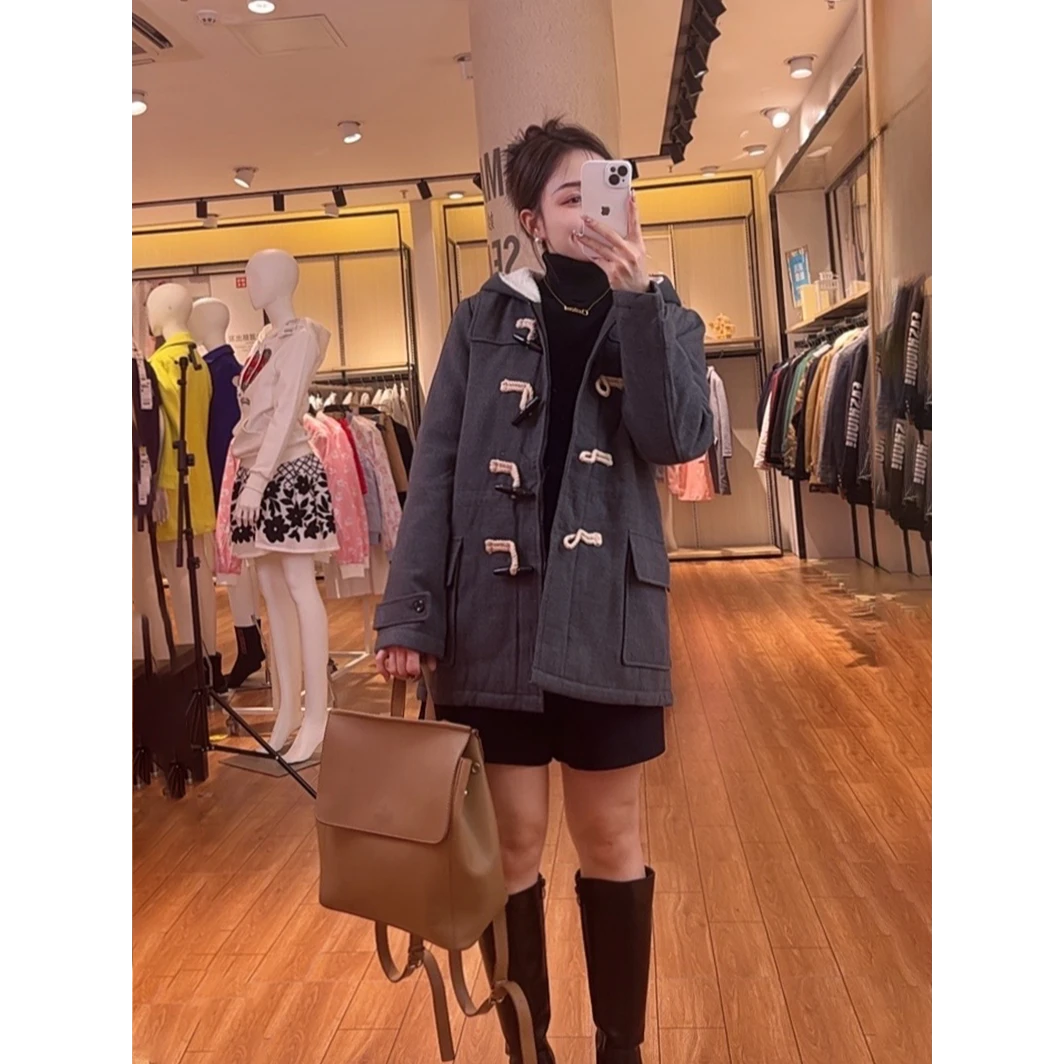 H5WBN162#冬季时尚牛角扣连帽毛呢外套宽松设计感呢子大衣