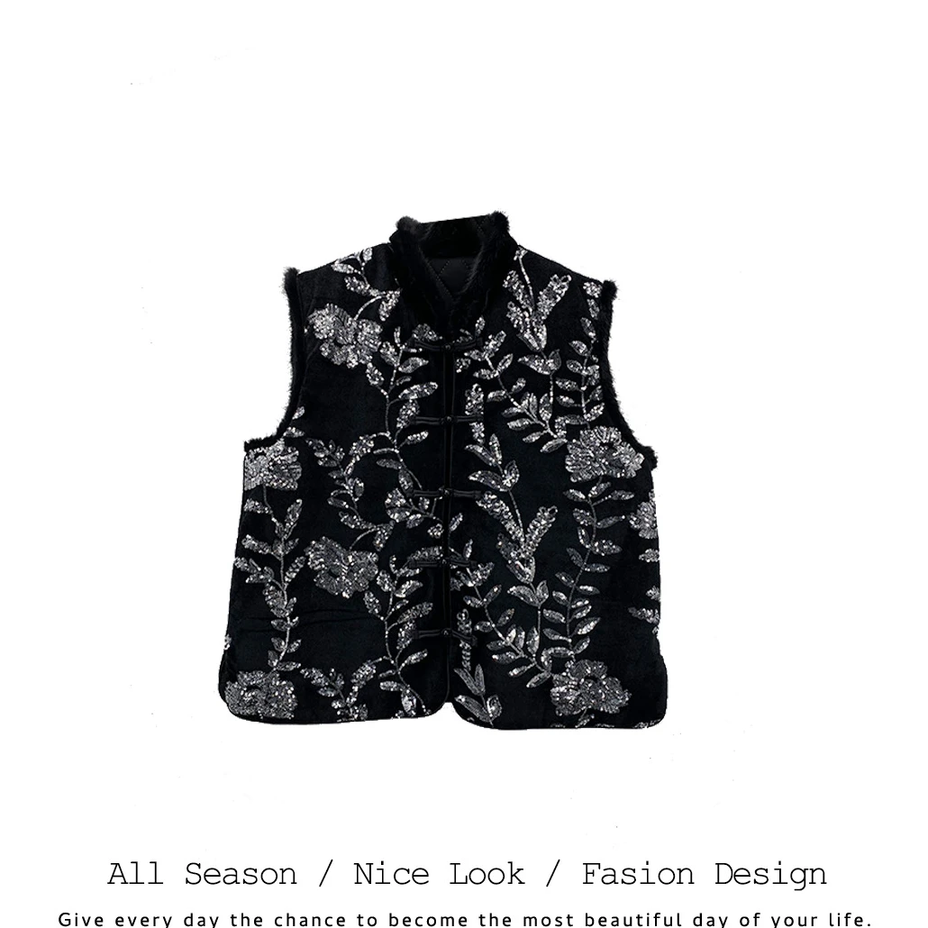 702  时尚银色亮片花卉新中式无袖背心开衫马夹    款号#9102