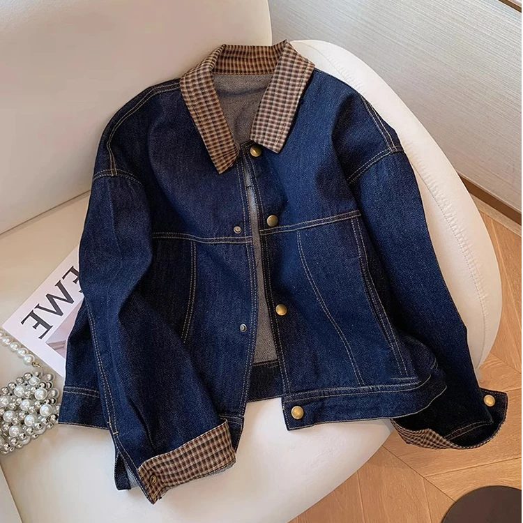 复古拼接格纹翻领牛仔外套女2025秋季新款设计感小众宽松休闲夹克