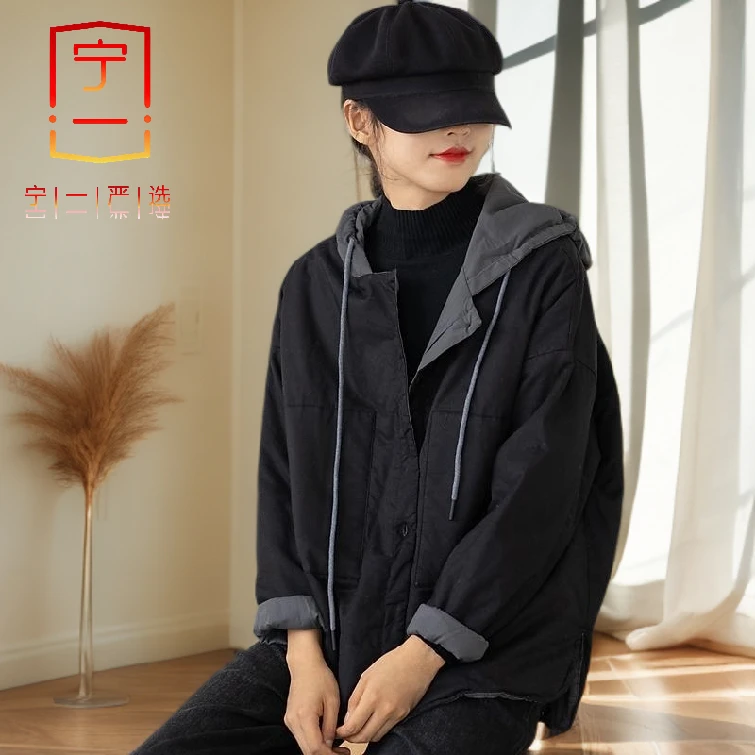 【宁一女装】大码复古连帽夹棉服新款长袖衬衫秋冬外套百搭休闲上衣