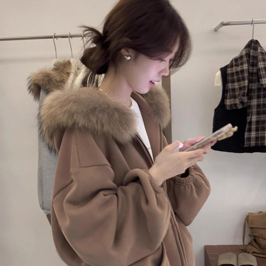 美式复古字母连帽毛领卫衣宽松女春秋冬慵懒风休闲松弛感外套