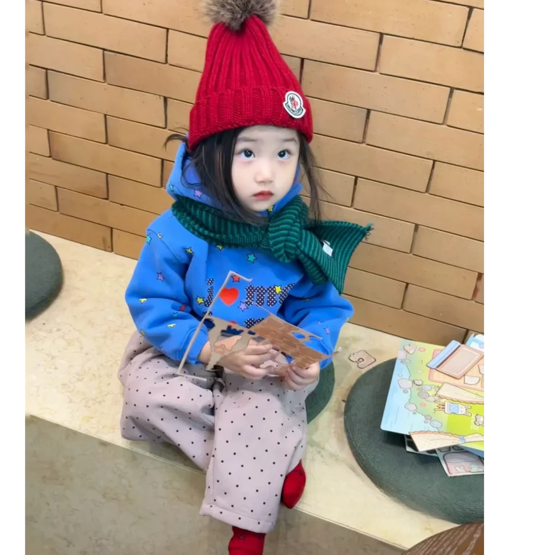 壹妈童装女童韩版秋冬加绒休闲套装星星卫衣蓝色连帽百搭粉色卫裤