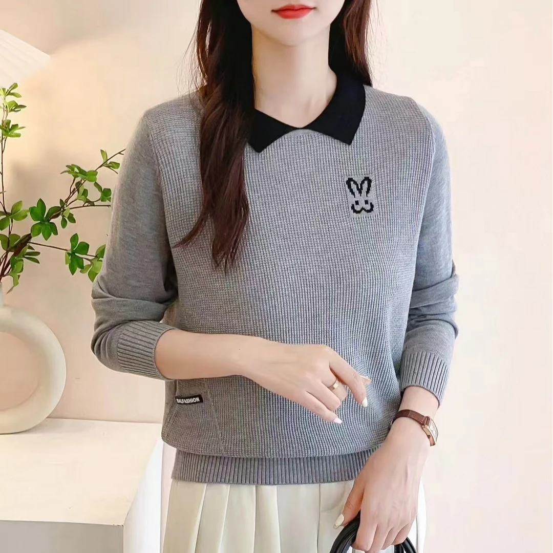 【兔子长袖】春秋女长袖打底衫显瘦时尚精致方领针织衫百搭气质