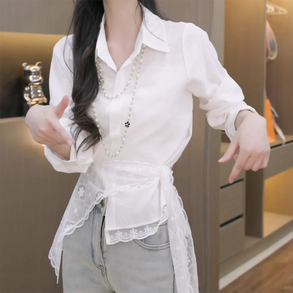 春季上新百搭韩系简约衬衫+蕾丝披肩两件套上衣女显瘦高级