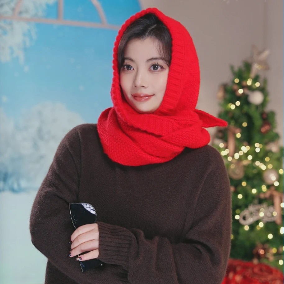 【鸿运】山羊绒冬季保暖巴拉克法帽围脖一体针织帽女士时尚百搭保暖