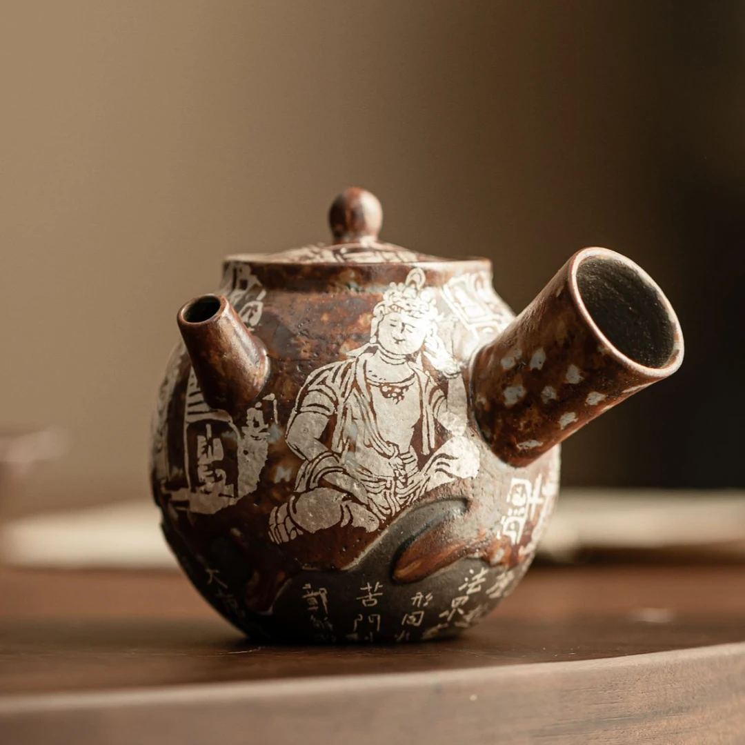 云吉-敦煌-侧把壶 中式复古老岩泥鎏银侧把壶家用防烫泡茶壶单壶