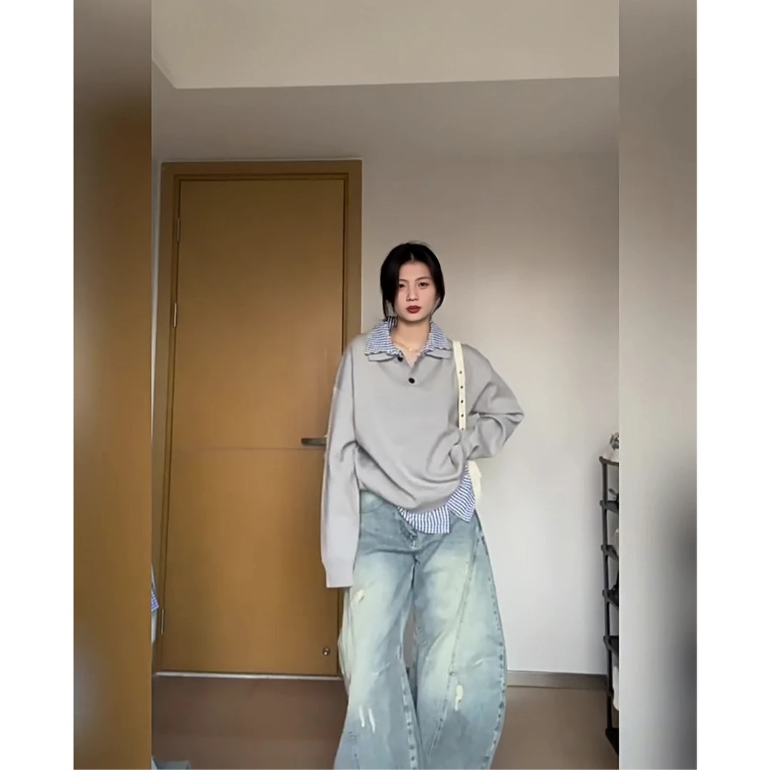 韩系学院风假两件格纹拼接毛衣女春季长袖翻领纽扣慵懒上衣